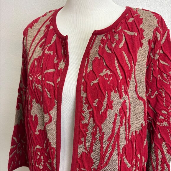 Chicos Travelers Exploded Red Beige Textured Jacquard Open Front Cardigan Size 3 - Picture 2 of 11